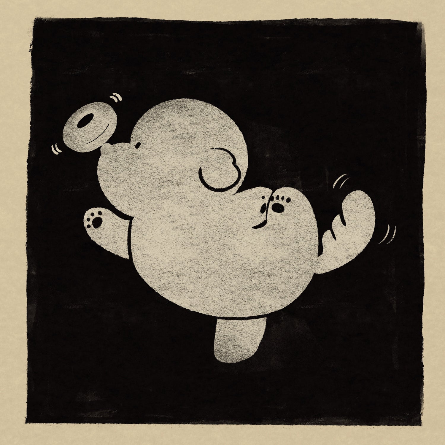A modern black and white drawing captures a poodle in an acrobatic pose, skillfully balancing a Lunoji enrichment slow feeder pebble toy on its nose.