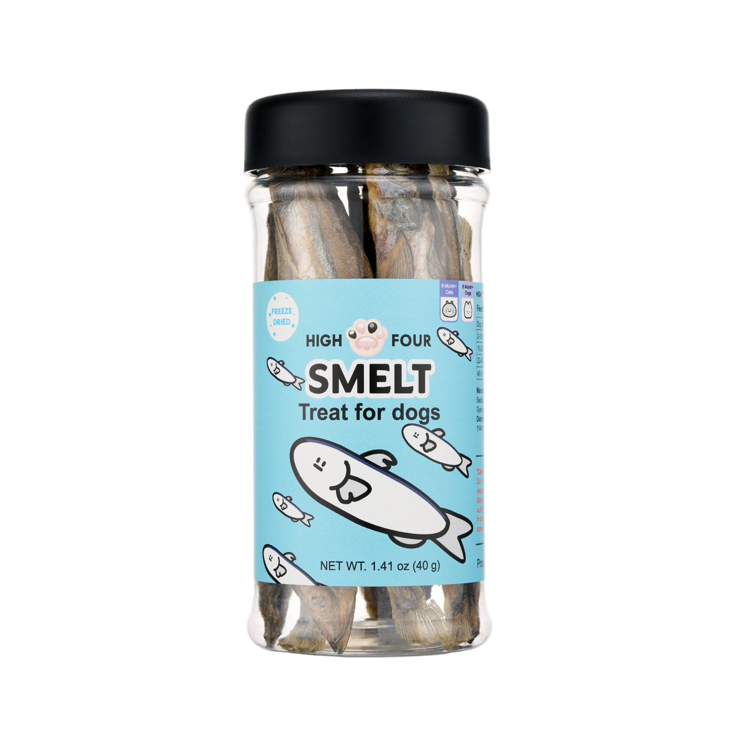 Jar of High Four Smelt treats for dogs on a white background