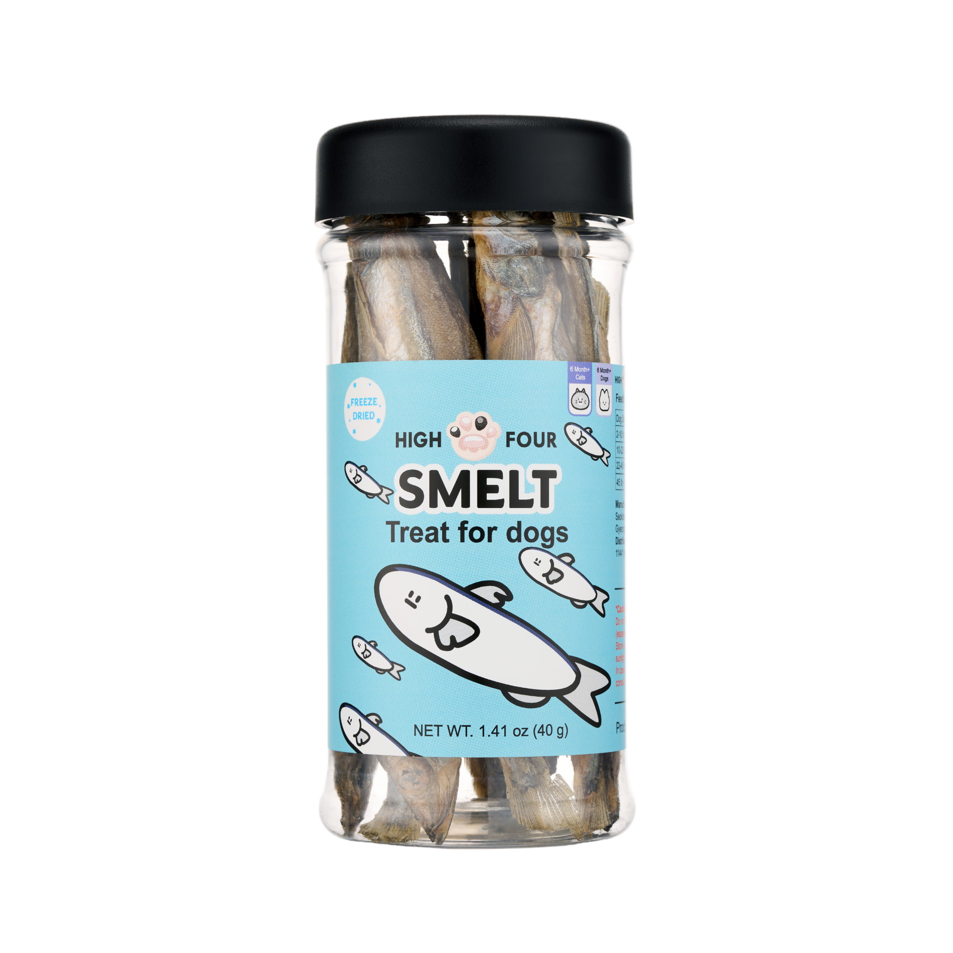 Jar of High Four Smelt treats for dogs on a white background