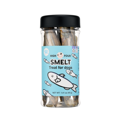 Jar of High Four Smelt treats for dogs on a white background