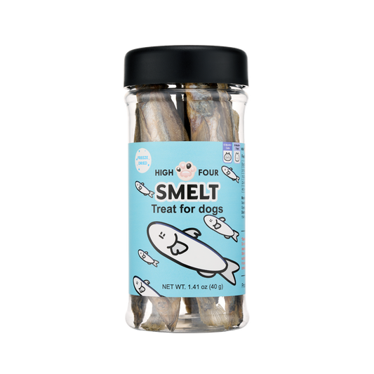 Jar of High Four Smelt treats for dogs on a white background